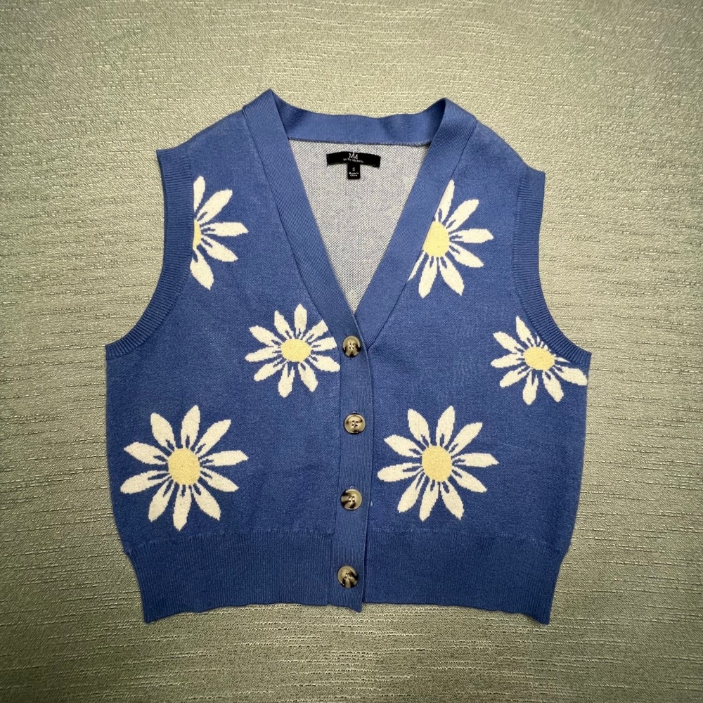 Cottagecore Fairy Grunge Blue Daisy Floral Knit Sweater Vest Size S 5420SW8